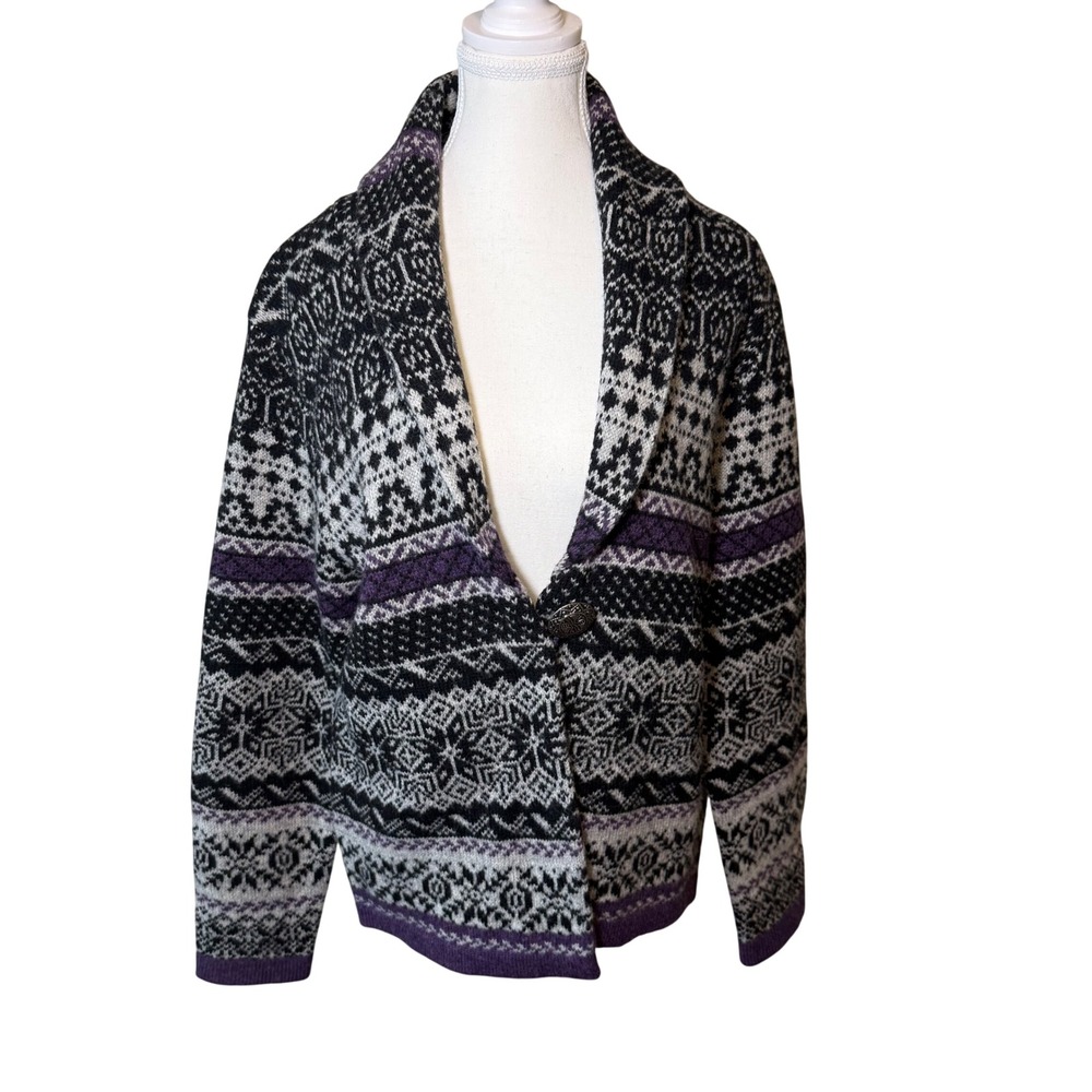 Telluride Women 100% Wool Cardigan L Purple Black Fair Isle Shawl Collar Button